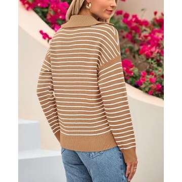 BTFBM Women's Striped Long Sleeve Sweater V Neck Lapel Collar 2024 Fall Winter Fashion Ribbed Knit Loose Pullover Tops(Striped Khaki, X-Large)