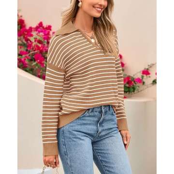 BTFBM Women's Striped Long Sleeve Sweater V Neck Lapel Collar 2024 Fall Winter Fashion Ribbed Knit Loose Pullover Tops(Striped Khaki, X-Large)