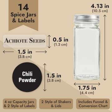 14 Pcs Talented Kitchen Spice Jars Set with 269 Spice Labels, Empty Square Spice Bottles Containers 4 oz with Pour/Sift Shaker Lid, Spice Organization, and Storage