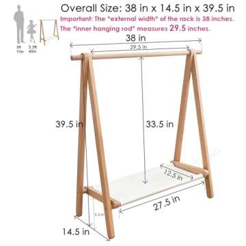 VOGUSLAND Dress up Rack, Child Garment Rack, Kids Clothing Rack with Storage Shelf (Natural Beech, 38" L x 14.5" W x 40" H)
