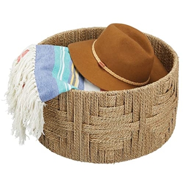 mDesign Large Round Woven Seagrass Storage Basket - Stylish Aztec Weave for Home Organization