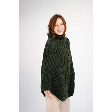 SAOL 100% Merino Wool Cable Knit Ladies Irish Aran Poncho Cardigan