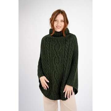 SAOL 100% Merino Wool Cable Knit Ladies Irish Aran Poncho Cardigan