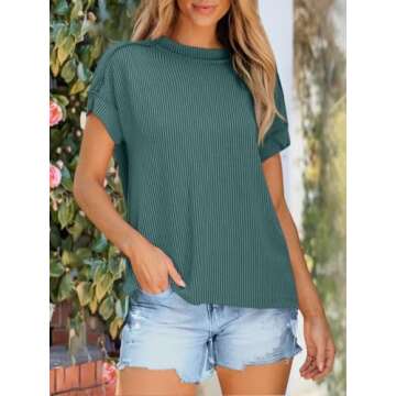 ANRABESS Womens Short Sleeve Crewneck Shirts Ribbed Knit High Low Hem T Shirt 2025 Summer Spring Casual Tops Trendy Clothes Deep Green Medium
