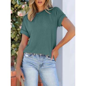 ANRABESS Womens Short Sleeve Crewneck Shirts Ribbed Knit High Low Hem T Shirt 2025 Summer Spring Casual Tops Trendy Clothes Deep Green Medium