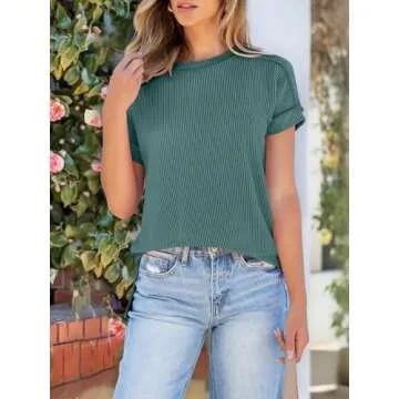 ANRABESS Womens Short Sleeve Crewneck Shirts Ribbed Knit High Low Hem T Shirt 2025 Summer Spring Casual Tops Trendy Clothes Deep Green Medium