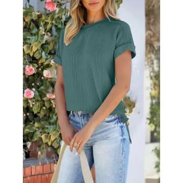ANRABESS Womens Short Sleeve Crewneck Shirts Ribbed Knit High Low Hem T Shirt 2025 Summer Spring Casual Tops Trendy Clothes Deep Green Medium