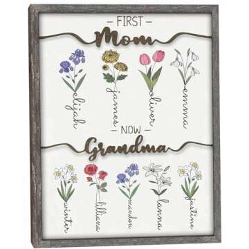 Mothers Day Gifts for Mom, Grandma, Customized Birth Month Flower with Names, Personalized Wood Plaq...