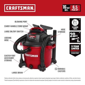 CRAFTSMAN CMXEVBE18595 16 Gallon 6.5 Peak HP Wet Dry Vac with Attachments