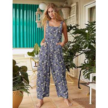 YESNO Jumpsuits for Women Casual Loose Summer Rompers Boho Floral Adjustable Straps Wide Leg Overall...