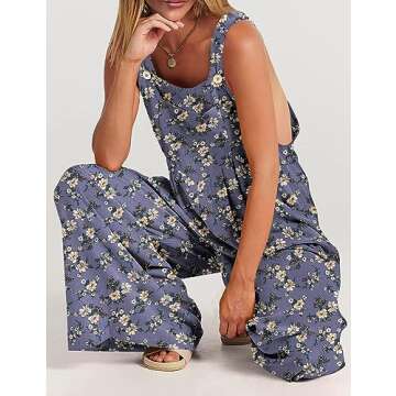 YESNO Jumpsuits for Women Casual Loose Summer Rompers Boho Floral Adjustable Straps Wide Leg Overalls with Pockets L PQ2CR 08