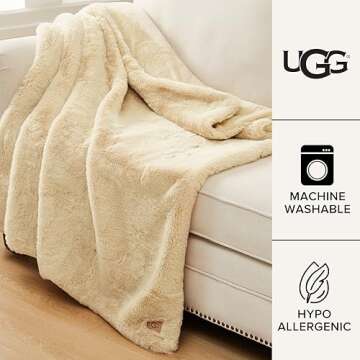 UGG 16798 Euphoria Plush Faux Fur Reversible Throw Blanket for Bed Couch Luxury Hotel Style Fuzzy Fluffy Soft Luxurious Cozy Home Decor Machine Washable Easy Care Blanket, 50 x 70-Inch, Bone