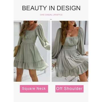 Dokotoo Womens Dress Long Lantern Sleeve Square Neck Tie Backless Sexy Dress Ruffle Elastic Waist A-Line Mini Dress