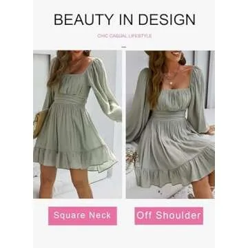 Dokotoo Womens Dress Long Lantern Sleeve Square Neck Tie Backless Sexy Dress Ruffle Elastic Waist A-Line Mini Dress