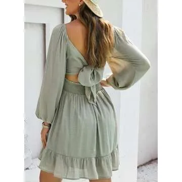 Dokotoo Womens Dress Long Lantern Sleeve Square Neck Tie Backless Sexy Dress Ruffle Elastic Waist A-Line Mini Dress