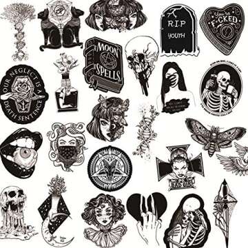 50PCS Gothic Stickers for Water Bottle,Black White Skull Stickers,Waterproof Vinyl Stickers Perfect for Laptop Phone Car Skateboard