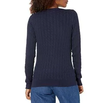 Amazon Essentials Women's Lightweight Long-Sleeve Cable Crewneck Sweater (Available in Plus Size), Navy, Large