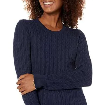 Amazon Essentials Women's Lightweight Long-Sleeve Cable Crewneck Sweater (Available in Plus Size), Navy, Large