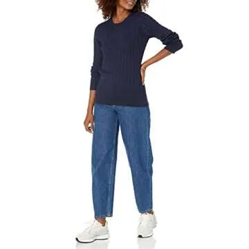 Amazon Essentials Women's Lightweight Long-Sleeve Cable Crewneck Sweater (Available in Plus Size), Navy, Large