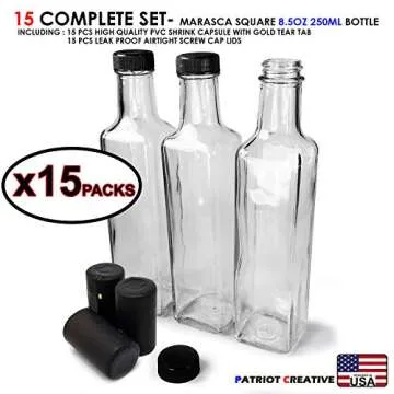 Quadra Bottles 8.5 Oz 15 Sets of Premium Commercial Grade Glass Square Bottle Leak Proof Airtight Plastic Screw Cap Lids Shrink Capsule - European Marasca 8.5 oz Bottle (Black 15Sets 8.5oz 250ml)