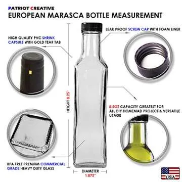 Quadra Bottles 8.5 Oz 15 Sets of Premium Commercial Grade Glass Square Bottle Leak Proof Airtight Plastic Screw Cap Lids Shrink Capsule - European Marasca 8.5 oz Bottle (Black 15Sets 8.5oz 250ml)