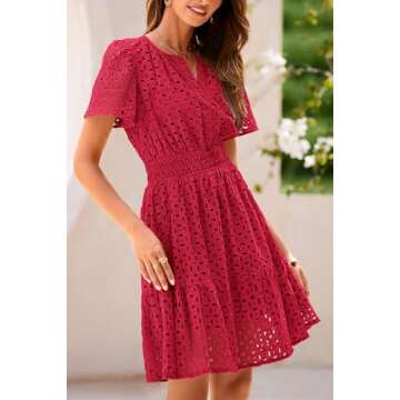 PRETTYGARDEN Womens 2025 Summer Short Dress V Neck Short Sleeve A Line Hollow Out Lace Ruffle Cute Casual Beach Party Dresses (Red,XX-Large)