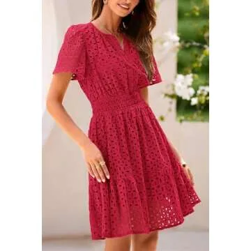 PRETTYGARDEN Womens 2025 Summer Short Dress V Neck Short Sleeve A Line Hollow Out Lace Ruffle Cute Casual Beach Party Dresses (Red,XX-Large)