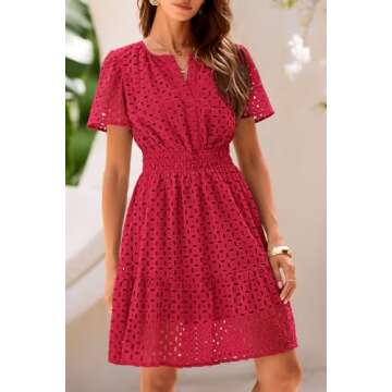 PRETTYGARDEN Womens 2025 Summer Short Dress V Neck Short Sleeve A Line Hollow Out Lace Ruffle Cute Casual Beach Party Dresses (Red,XX-Large)