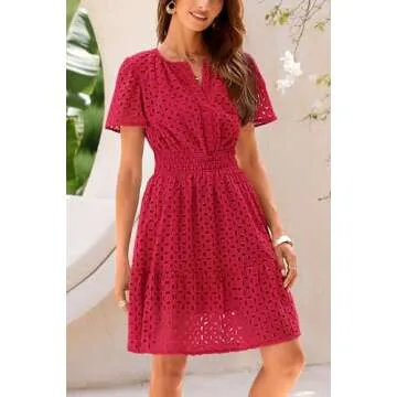 PRETTYGARDEN Womens 2025 Summer Short Dress V Neck Short Sleeve A Line Hollow Out Lace Ruffle Cute Casual Beach Party Dresses (Red,XX-Large)