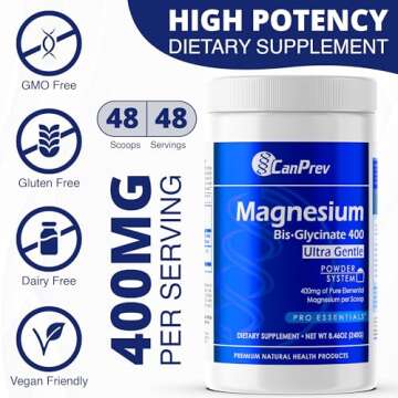 CanPrev Magnesium Bisglycinate 400 Ultra Gentle Powder 240g 48 Servings, 400mg Elemental Magnesium Per Scoop, Supports Restful Nights, Muscle Function, Gentle on Digestion, Vegan, Non-GMO, Gluten-Free