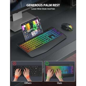 Wireless Keyboard and Mouse with 9 Colored Backlit, Wrist Rest, Jiggler Mouse, Rechargeable Silent Ergonomic Light Up Keyboard Mouse Combo with Phone Holder for Windows, Mac, PC, Laptop