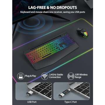 Wireless Keyboard and Mouse with 9 Colored Backlit, Wrist Rest, Jiggler Mouse, Rechargeable Silent Ergonomic Light Up Keyboard Mouse Combo with Phone Holder for Windows, Mac, PC, Laptop