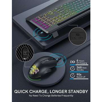 Wireless Keyboard and Mouse with 9 Colored Backlit, Wrist Rest, Jiggler Mouse, Rechargeable Silent Ergonomic Light Up Keyboard Mouse Combo with Phone Holder for Windows, Mac, PC, Laptop