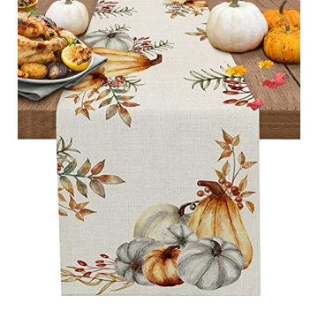 Thanksgiving Fall Table Runner 120 Inches Long, Pumpkins Autumn Maple Leaves Cotton Linen Kitchen Di...