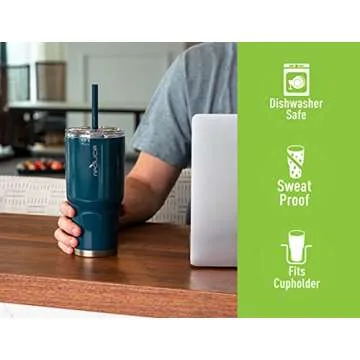 Reduce 34 oz Tumbler, Stainless Steel - Keeps Drinks Cold up to 24 Hours - Sweat Proof, Dishwasher Safe, BPA Free - Cotton, Opaque Gloss