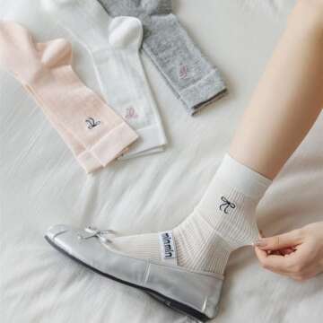 5 Pairs Women Cute Bow Thin Cotton Knit Crew Socks Fashion Mid-Calf Socks with Embroidered Bow (5-pairs)