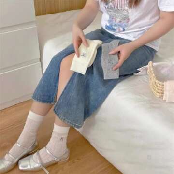 5 Pairs Women Cute Bow Thin Cotton Knit Crew Socks Fashion Mid-Calf Socks with Embroidered Bow (5-pairs)