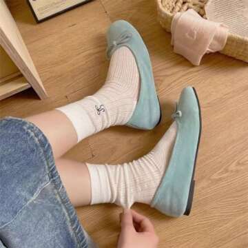 5 Pairs Women Cute Bow Thin Cotton Knit Crew Socks Fashion Mid-Calf Socks with Embroidered Bow (5-pairs)