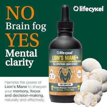 Lifecykel Lion's Mane Mushroom Extract w/Kakadu Plum- Memory Focus Clarity REM Sleep-100% Organic Mushrooms Brain Booster Nootropic Brain Supplement Focus Supplement Made in US, 2 Fl oz (30 Servings)