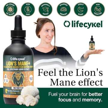Lifecykel Lion's Mane Mushroom Extract w/Kakadu Plum- Memory Focus Clarity REM Sleep-100% Organic Mushrooms Brain Booster Nootropic Brain Supplement Focus Supplement Made in US, 2 Fl oz (30 Servings)