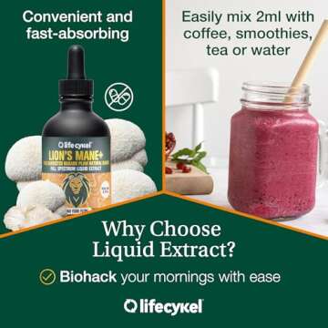 Lifecykel Lion's Mane Mushroom Extract w/Kakadu Plum- Memory Focus Clarity REM Sleep-100% Organic Mushrooms Brain Booster Nootropic Brain Supplement Focus Supplement Made in US, 2 Fl oz (30 Servings)