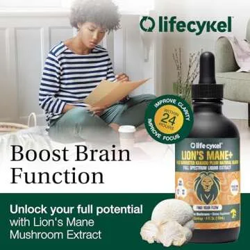 Lifecykel Lion's Mane Mushroom Extract w/Kakadu Plum- Memory Focus Clarity REM Sleep-100% Organic Mushrooms Brain Booster Nootropic Brain Supplement Focus Supplement Made in US, 2 Fl oz (30 Servings)