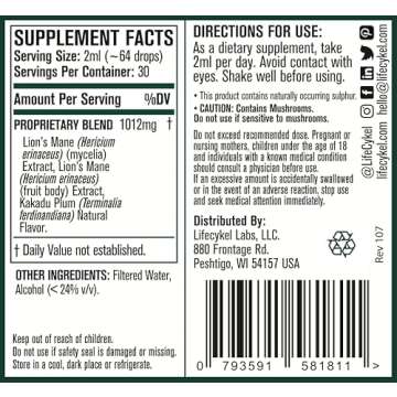 Lifecykel Lion's Mane Mushroom Extract w/Kakadu Plum- Memory Focus Clarity REM Sleep-100% Organic Mushrooms Brain Booster Nootropic Brain Supplement Focus Supplement Made in US, 2 Fl oz (30 Servings)