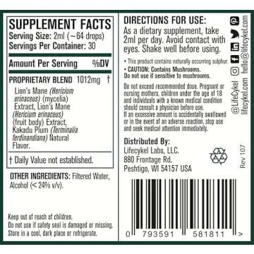Lifecykel Lion's Mane Mushroom Extract w/Kakadu Plum- Memory Focus Clarity REM Sleep-100% Organic Mushrooms Brain Booster Nootropic Brain Supplement Focus Supplement Made in US, 2 Fl oz (30 Servings)