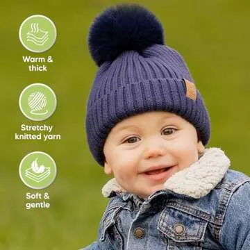 2-Pack Baby Hats for Girls, Boys - Stretchy Baby Beanies, Cute Newborn & Toddler Winter Hat, Soft & Warm Pom Pom Beanie for Infant, Toddler, Boys, Girls 0-6 Months (Blast, S)