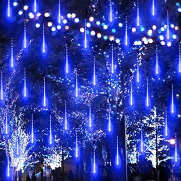 Aluan Christmas Lights Outdoor Meteor Shower Rain Lights, 40cm/16inch 10 Tubes 360 LEDs Waterproof Falling Rain Hanging Lights with UL Plug for Christmas Holiday Party Home Garden Tree Decor, Blue