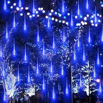 Aluan Christmas Lights Outdoor Meteor Shower Rain Lights, 40cm/16inch 10 Tubes 360 LEDs Waterproof Falling Rain Hanging Lights with UL Plug for Christmas Holiday Party Home Garden Tree Decor, Blue