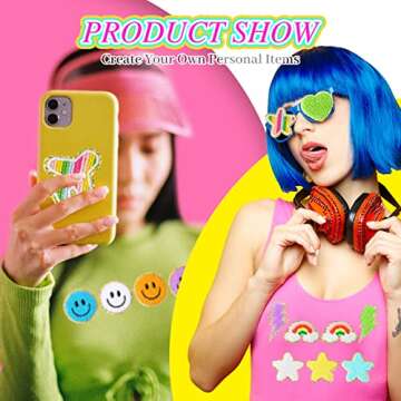 98 Pcs Self Adhesive Chenille Patches Cute Chenille Embroidered Patches Colorful Heart Lightning Rai...