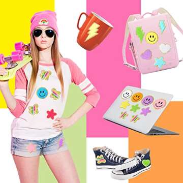 98 Pcs Self Adhesive Chenille Patches Cute Chenille Embroidered Patches Colorful Heart Lightning Rainbow Applique for Clothing Fabric Jackets DIY Mobile Phone Backpacks Hat