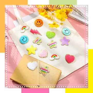 98 Pcs Self Adhesive Chenille Patches Cute Chenille Embroidered Patches Colorful Heart Lightning Rainbow Applique for Clothing Fabric Jackets DIY Mobile Phone Backpacks Hat